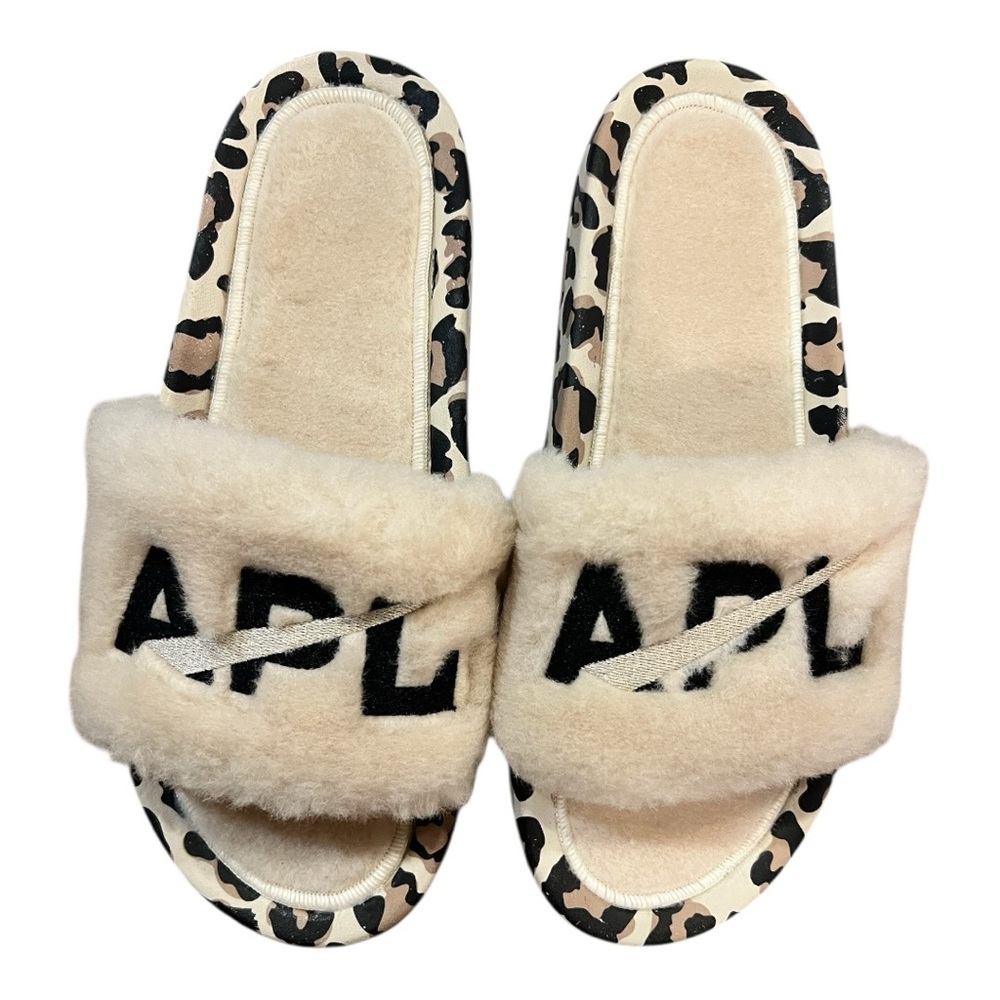 APL WOMEN'S SHEARLING SLIDES PARCHMENT/BLACK/LEOPARD, Size 8 NIB